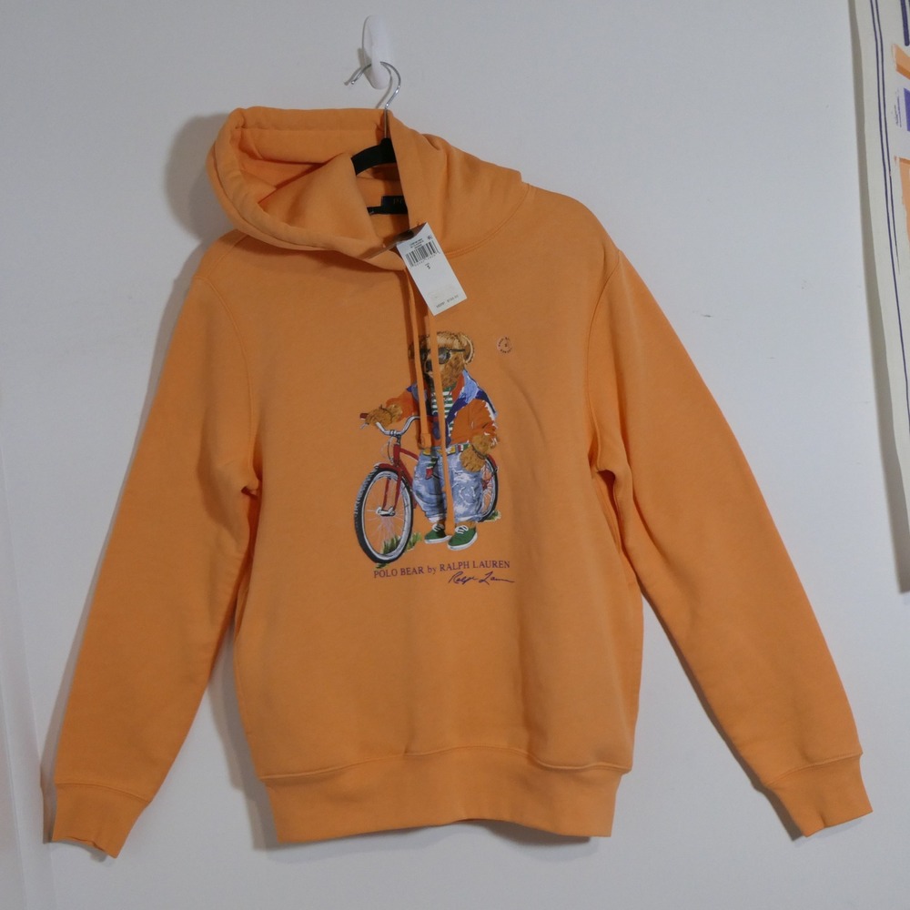 NWT Polo Ralph Lauren Mens Hoodie S Orange Polo Bear Bicycle Preppy Streetwear